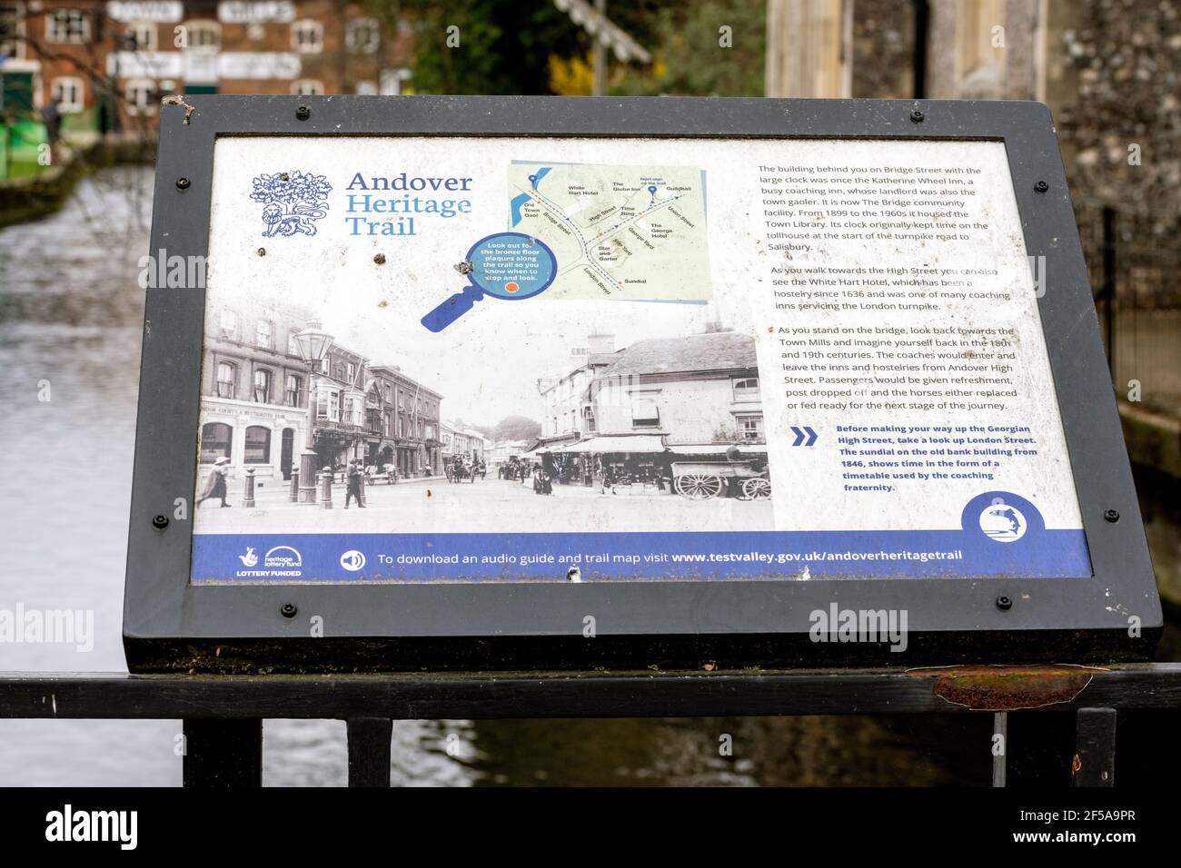 Tourist information board and map for The Andover Heritage Trail, Andover, Hampshire, England, UK. Stock Photo