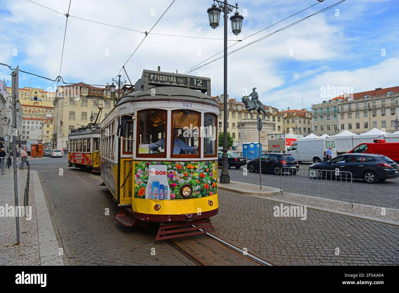 Antique Tram Route 12 at Praca da Figueira (Square of the Fig Tree) in city  of Lisbon, Portugal Stock Photo - Alamy
