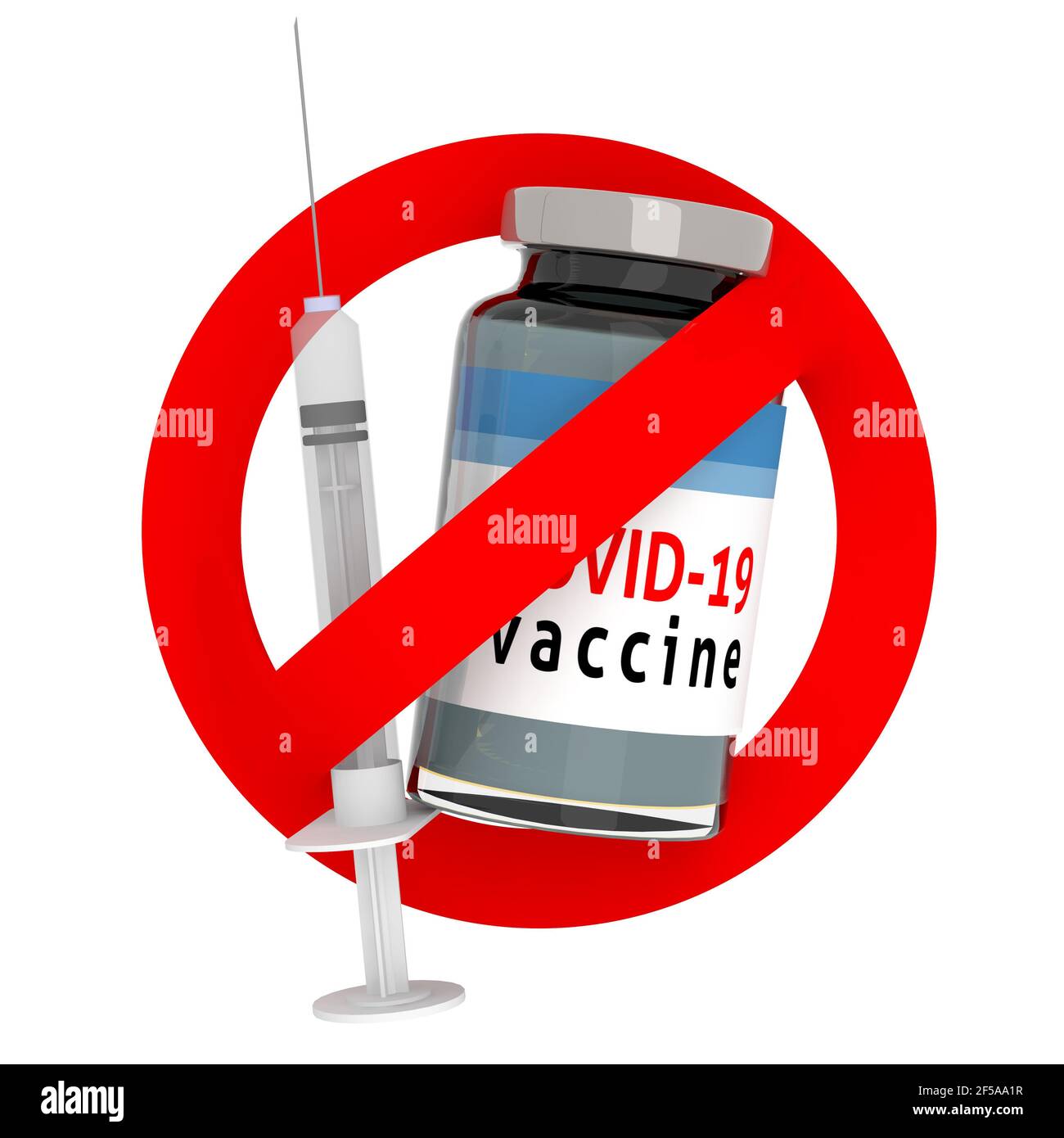 Vaccine bottle and syringe in red forbidden sign isolated on white background. No vaccinations concept, 3d illustration Stock Photo