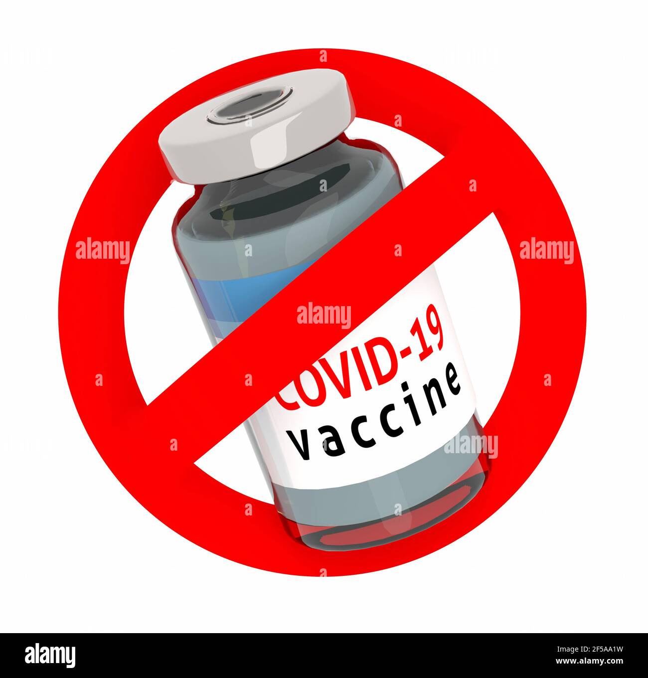 Vaccine bottle in red forbidden sign isolated on white background. No vaccinations concept, 3d illustration Stock Photo