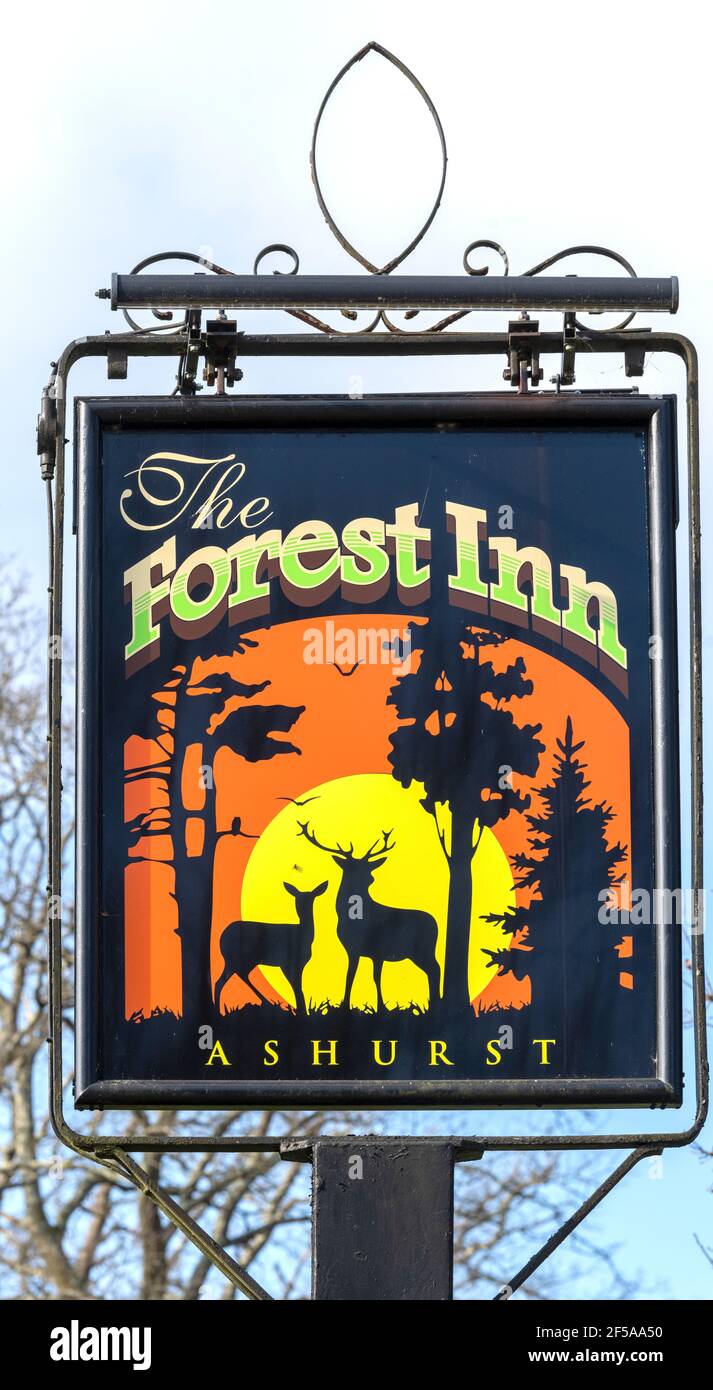 Traditional hanging pub sign at The Forest Inn, Lyndhurst Road, Ashurst, New Forest, Hampshire, England, UK Stock Photo