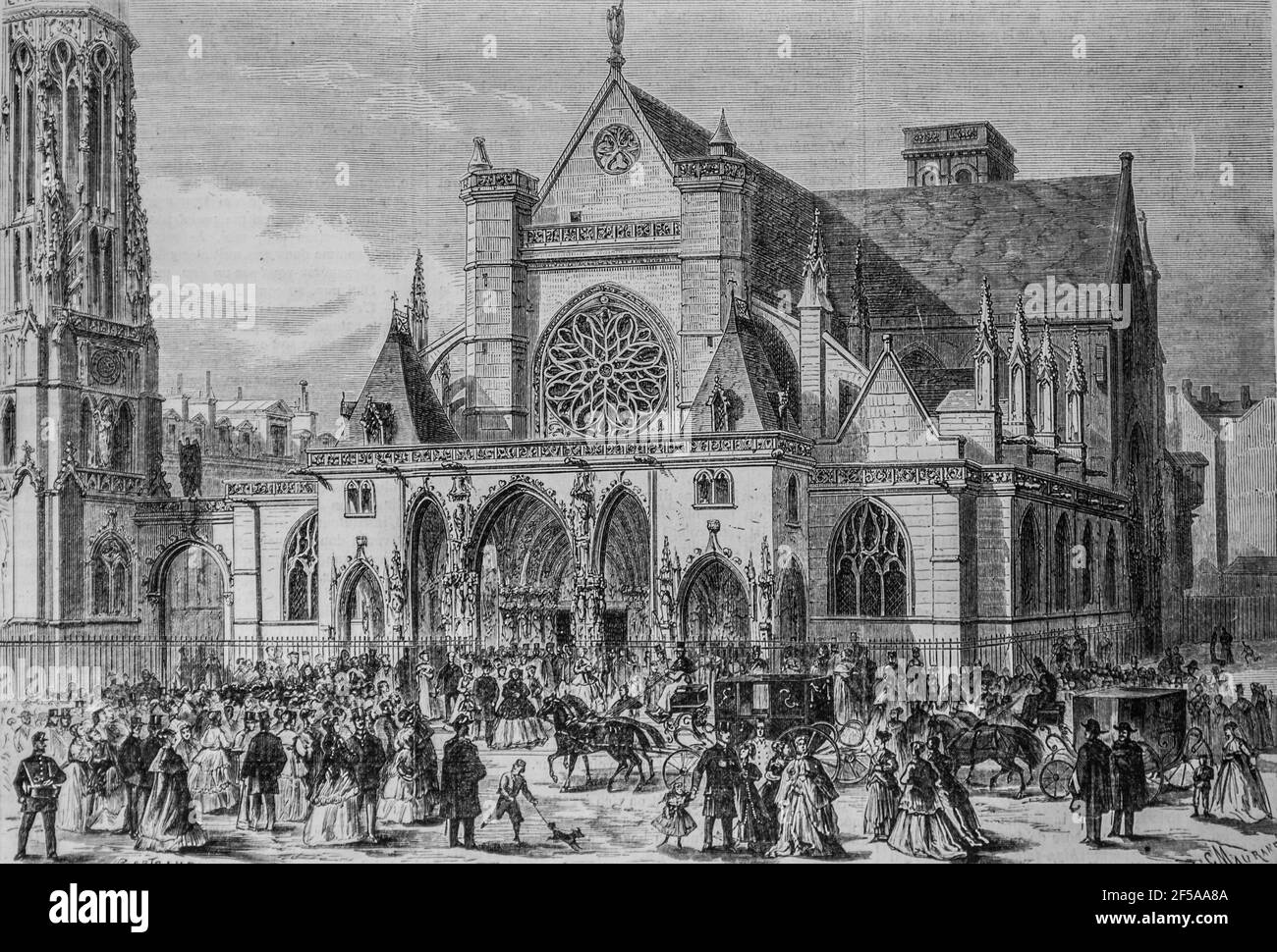 la reine isabelle sortant de la messe a saint germain l'auxerrois ,l'univers illustre,editeur michel levy 1868 Stock Photo