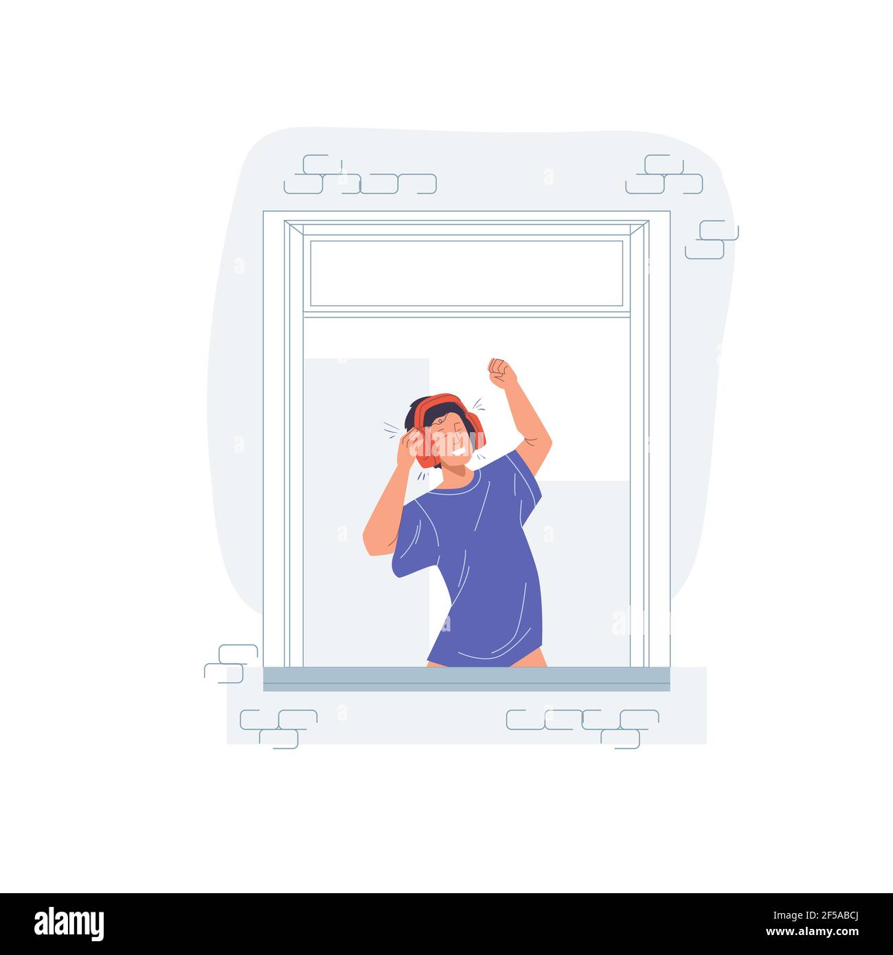Flat cartoon man character listen music in house window,vector ...