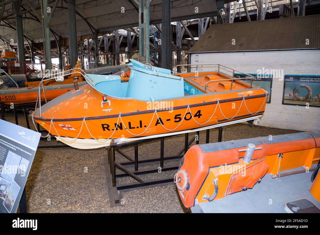The A-504 MacLachlan class modern vintage historic RNLI Lifeboat on display at Number Four Boat House / Boathouse Number 4 at Historic Dockyard / Dockyards Chatham in Kent. UK (121) Stock Photo