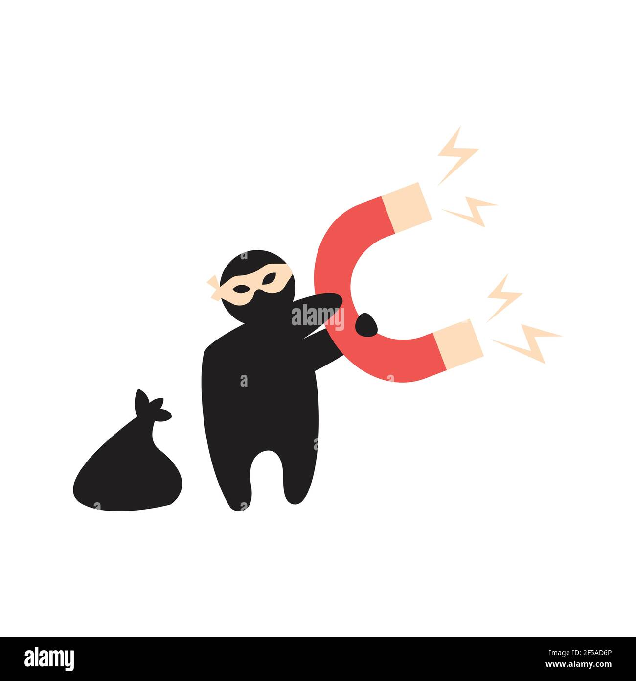 Idea robber holds magnet, draw light bulbs to steal thought, plagiarism vector illustration. Stock Vector