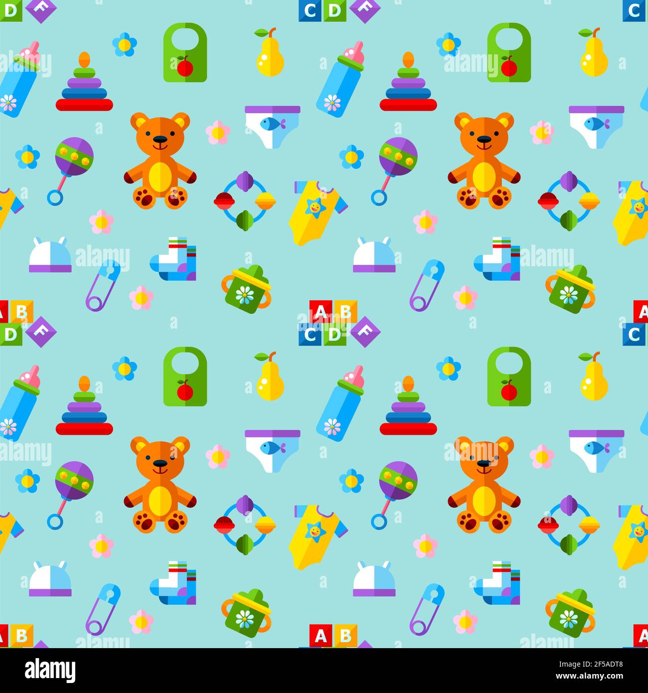 Seamless pattern with bear, pyramid, rattle and babe bottle.Flat  vector illustration. Stock Vector