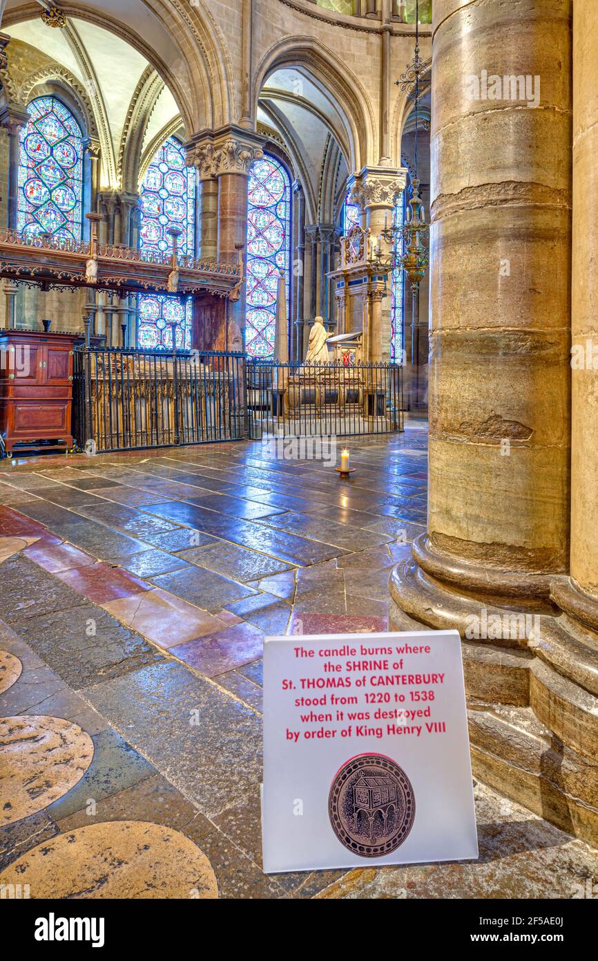 A candle burning on the site of the shrine of St Thomas Becket in Canterbury Cathedral, Kent UK Stock Photo