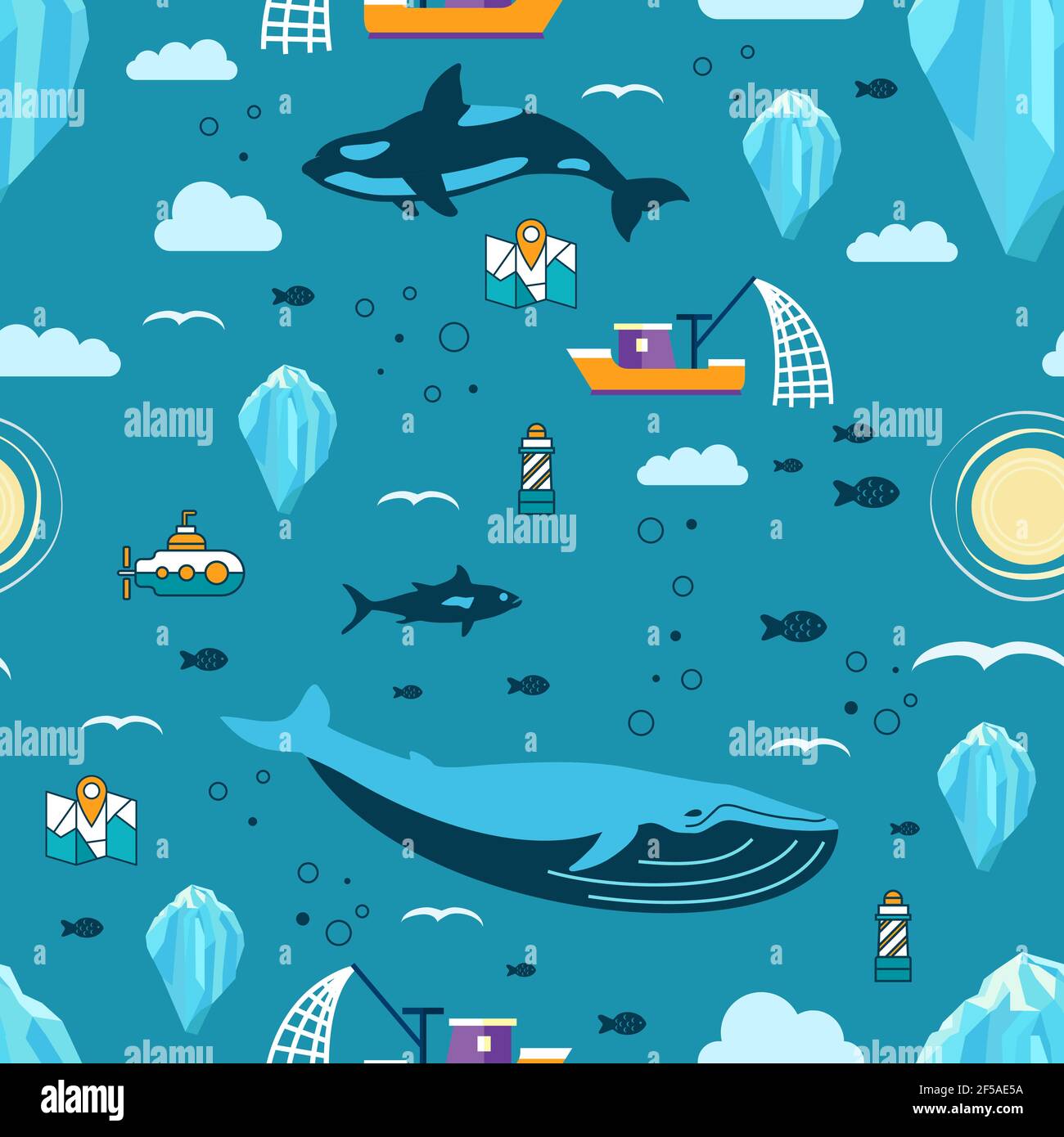 Seamless pattern with iceberg,mammals, fish,map, lighthouse, sun,  clouds and ship. Vector illustration Stock Vector