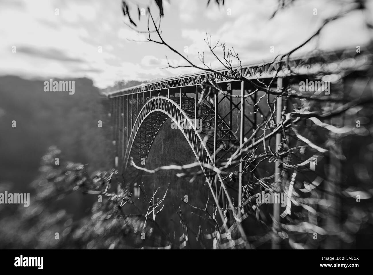 black and white photo of the new river gorge bridge in west virginia Stock Photo