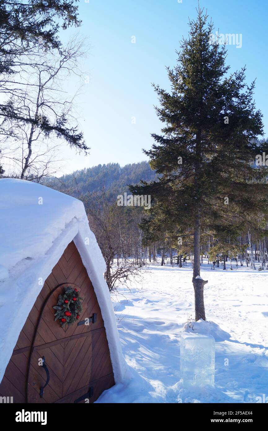 Room in an ecological hotel in the snowy valley of riabom with s Stock Photo