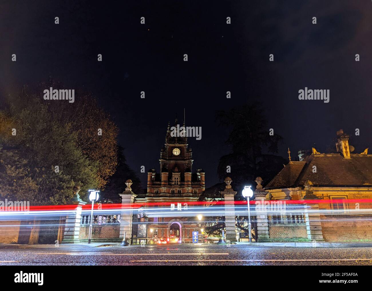 A long exposure taken outside Royal Holloway in Egham, Surrey, on a cold December evening Stock Photo
