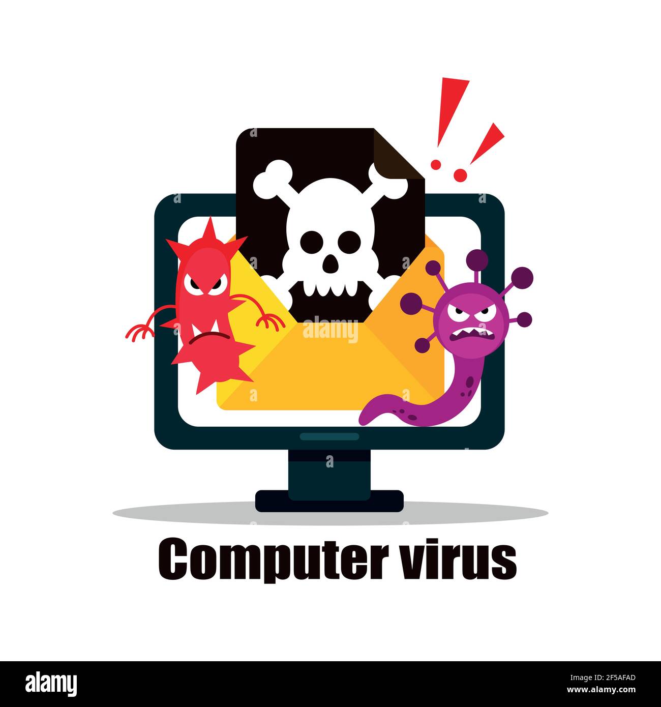 A computer virus attacks a laptop or computer. Vector illustration isolated on white background. Stock Vector