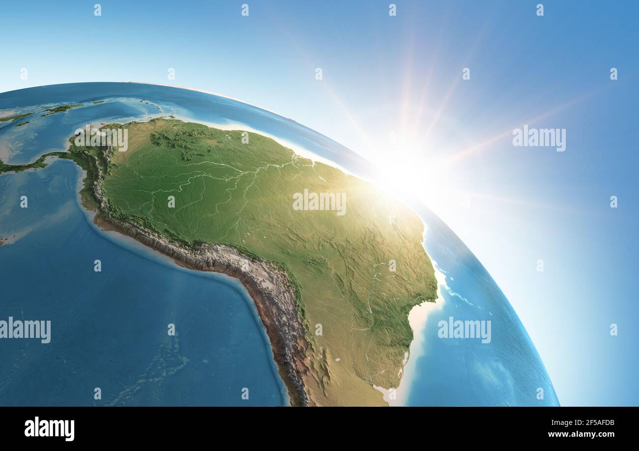 Sun shining over a high detailed view of Planet Earth, focused on South America, Amazon rainforest and Brazil - Elements furnished by NASA Stock Photo