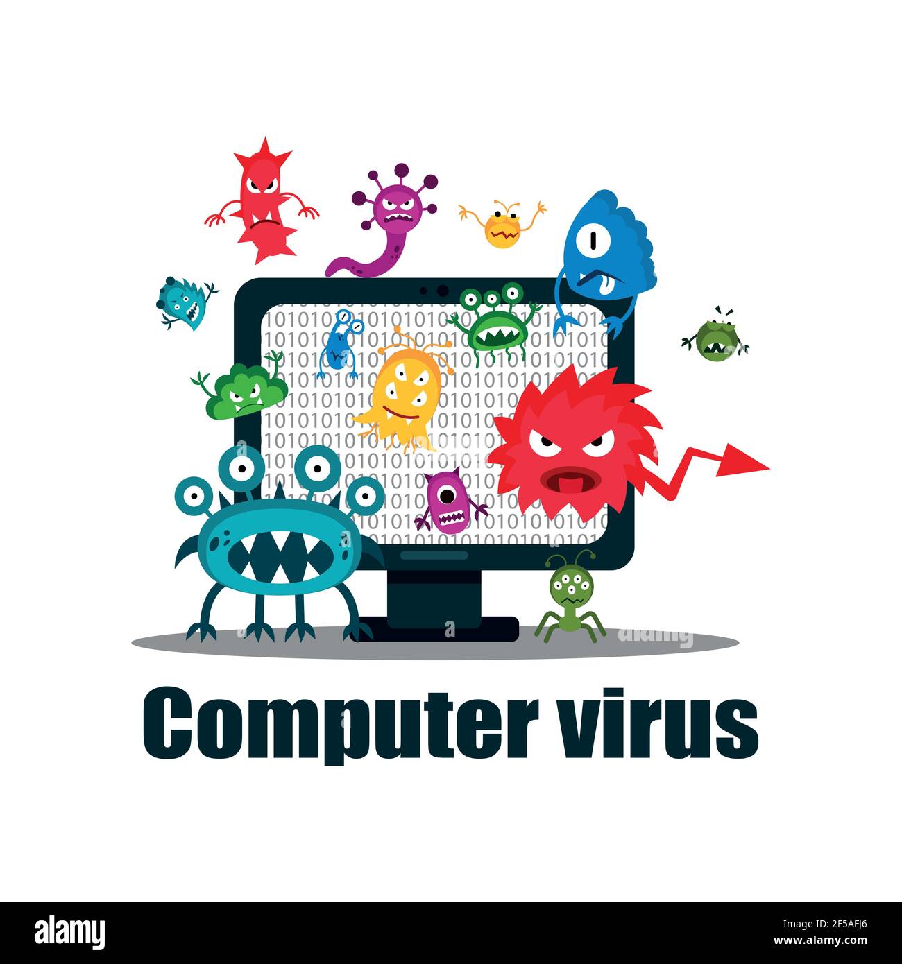 A computer virus attacks a laptop or computer. Vector illustration isolated on white background. Stock Vector