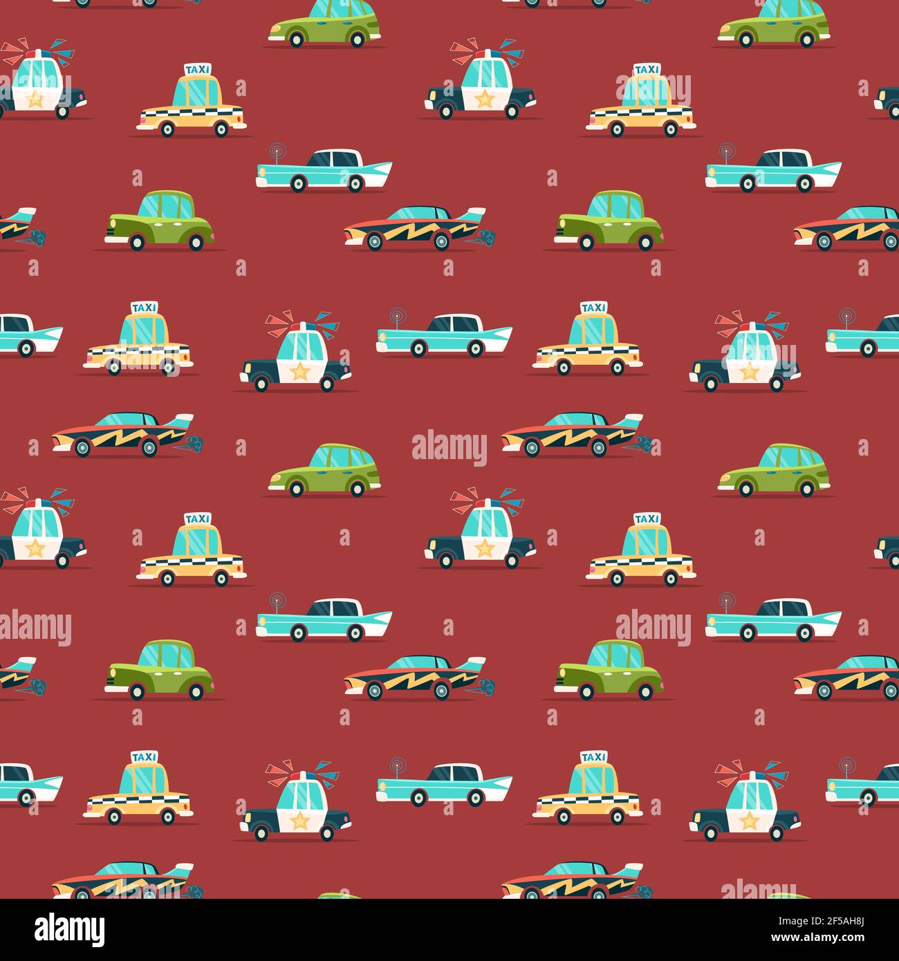 Color car seamless pattern. Flat Vector illustration with  police, taxi and retro car. Stock Vector