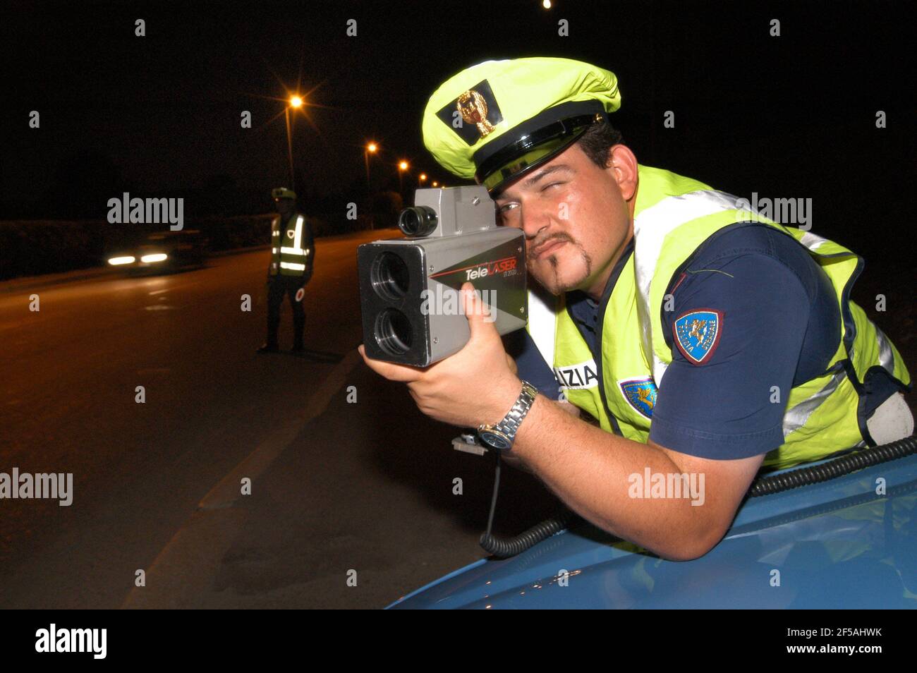 Italy, highway patrol, Telelaser apparatus for speed control Stock Photo