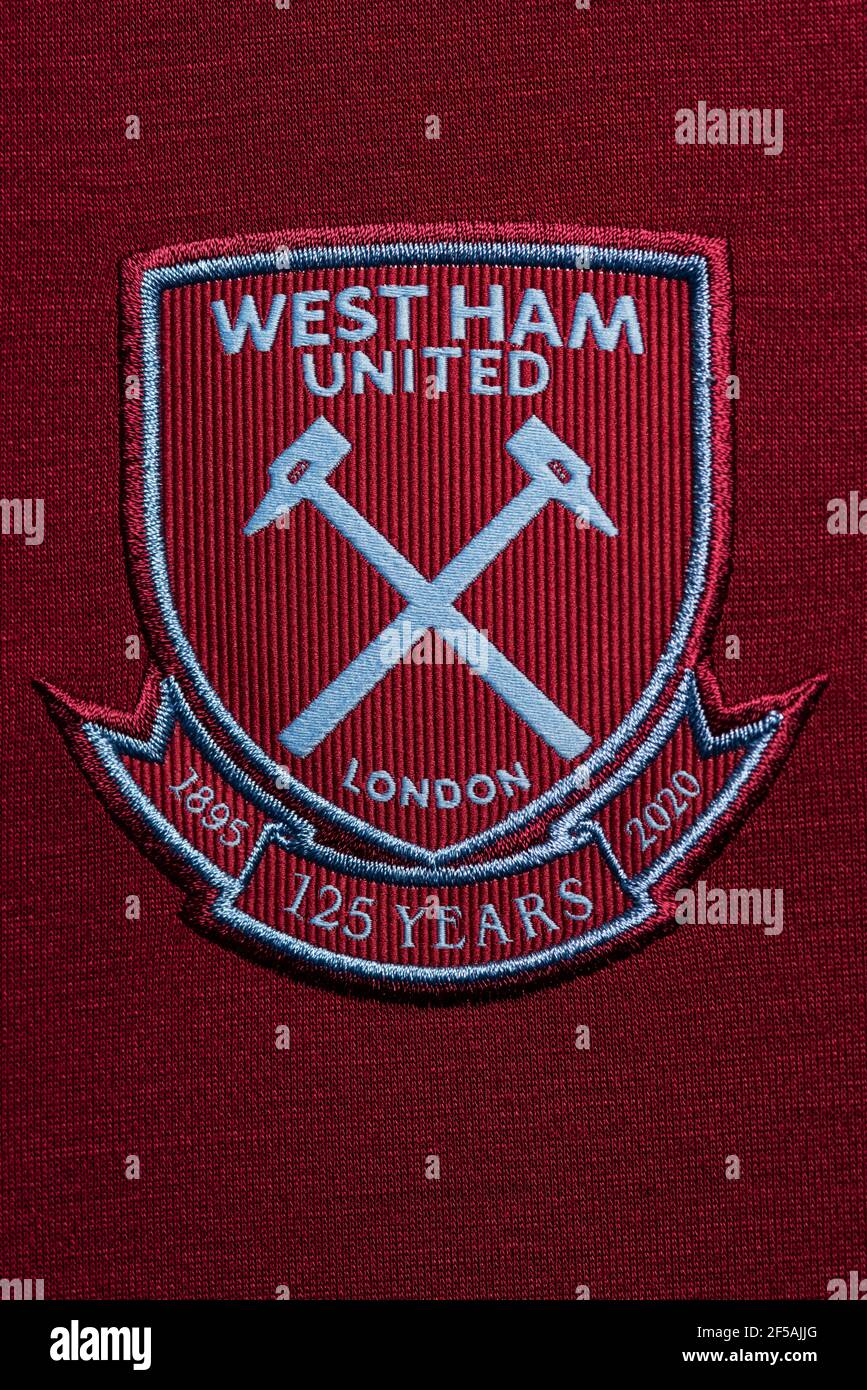 Close up of West Ham United FC jersey 2020/21 Stock Photo