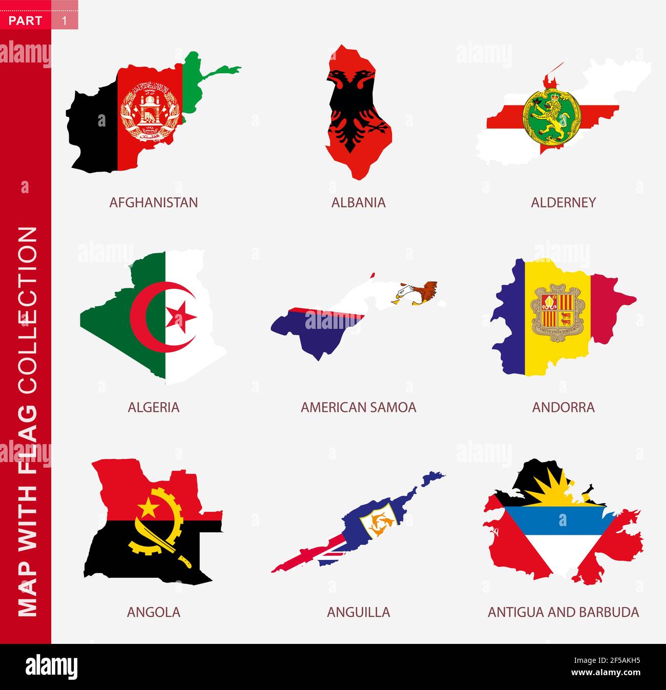 Map with flag collection, nine map contour with flag of Afghanistan, Albania, Alderney, Algeria, American Samoa, Andorra, Angola, Anguilla, Antigua an Stock Vector