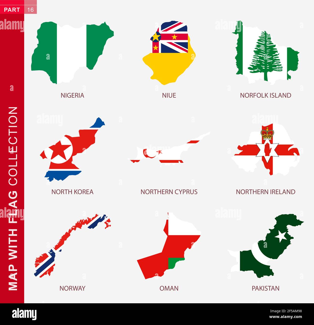 Map With Flag Collection Nine Map Contour With Flag Of Nigeria Niue Norfolk Island North Korea Northern Cyprus Northern Ireland Norway Oman P Stock Vector Image Art Alamy