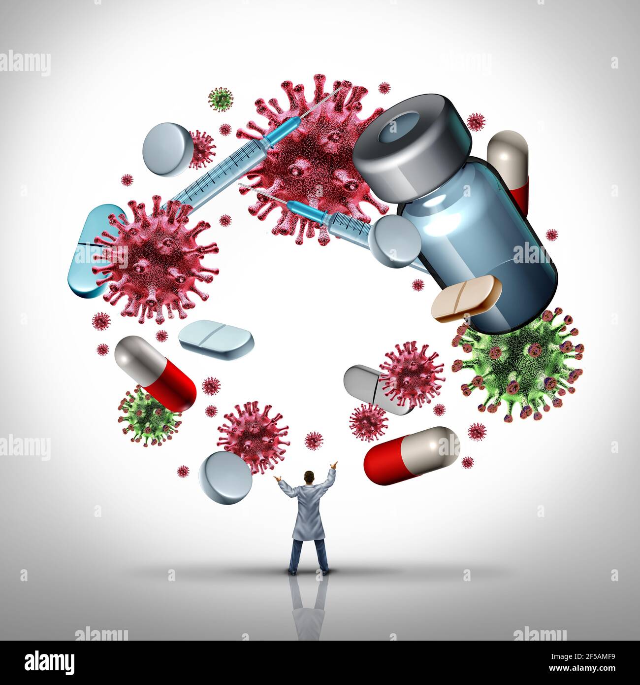 Managing vaccine treatment and virus vaccination or flu and coronavirus medical management as a disease control with a doctor juggling contagious. Stock Photo