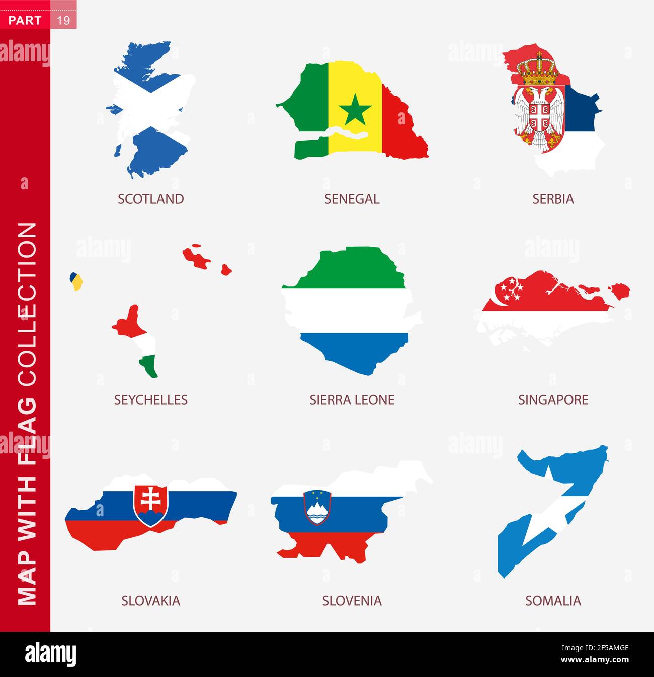Map with flag collection, nine map contour with flag of Scotland, Senegal, Serbia, Seychelles, Sierra Leone, Singapore, Slovakia, Slovenia, Somalia Stock Vector