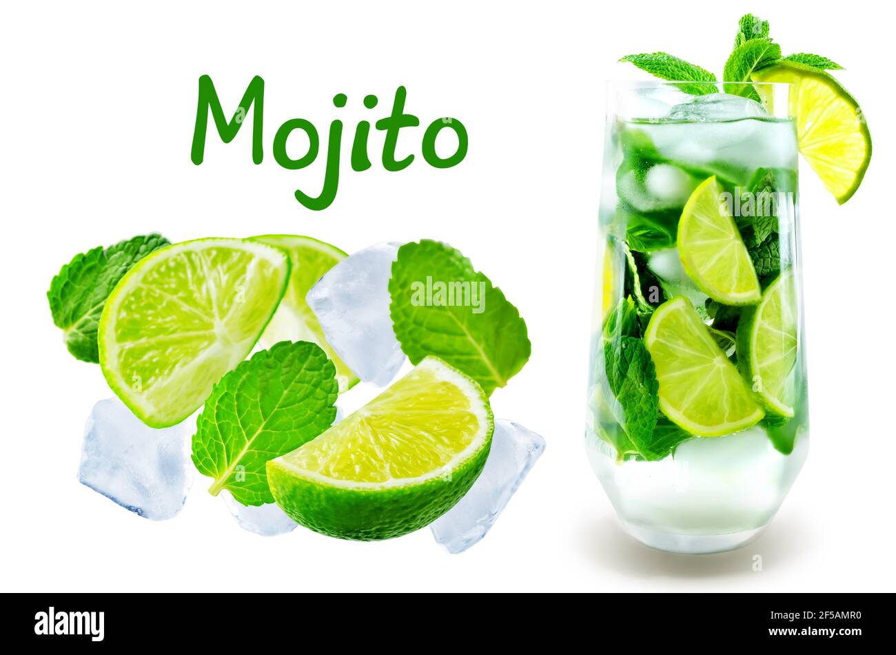 Mojito cocktail  with fresh mint leaves and lime slice isolated. toning. selective focus Stock Photo