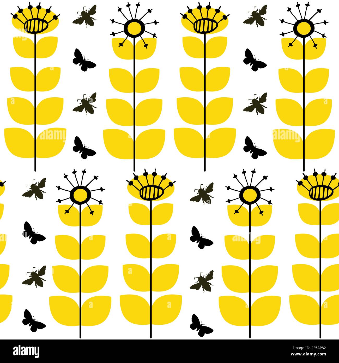 Abstract dandelion seed and honey bees seamless vector pattern background.Stylized folk art mix of herbacious flowers and insects yellow white black Stock Vector