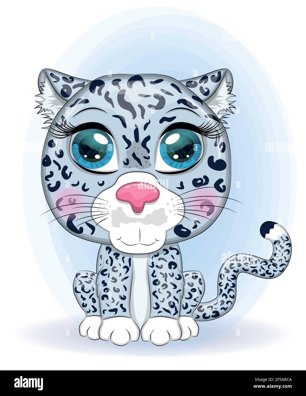 Cartoon snow leopard with expressive eyes. Wild animals, character, childish cute style Stock Vector