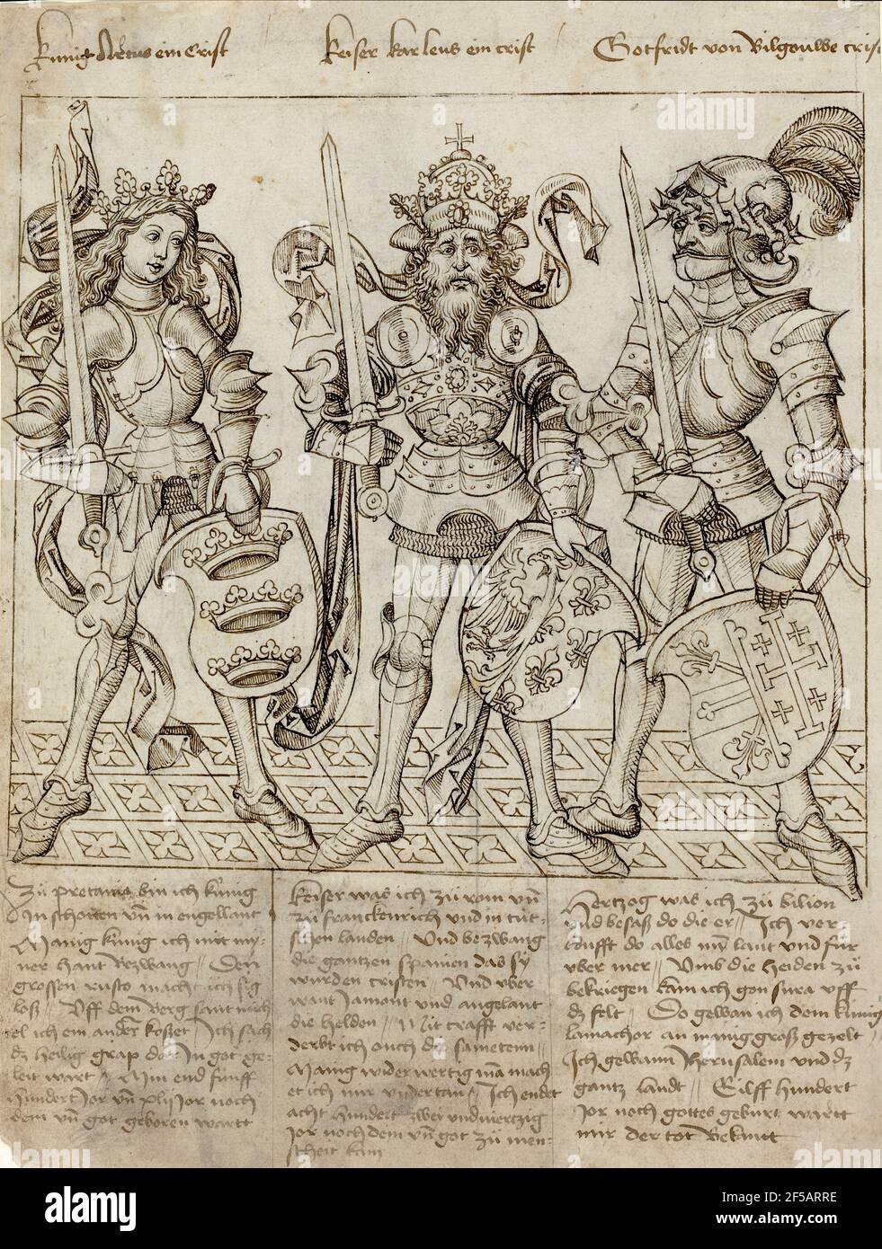 Primary Master of the Strassburg Chronicle - King Arthur ,Charlemagne and Godfrey of Bouillon Stock Photo