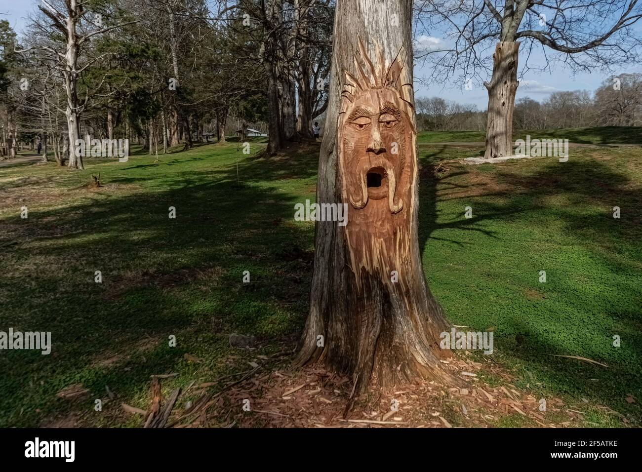 Montevallo, Alabama/USA-March 12: Orr Park's most recent carving by artist Tim Tingle as viewed in the afternoon sun. Stock Photo