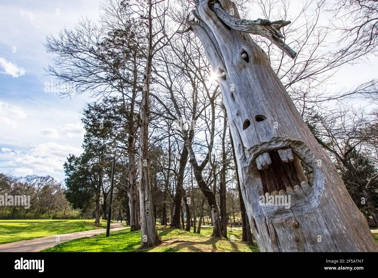 Montevallo, Alabama/USA-March 12: One of the famous woodcarved faces in Orr Park by artist Tim Tingle with another carving visible in the background.. Stock Photo