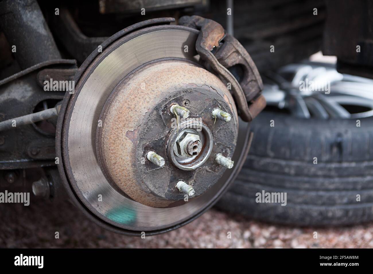 Car brake disk with removed wheel, an inspection or changing to studded