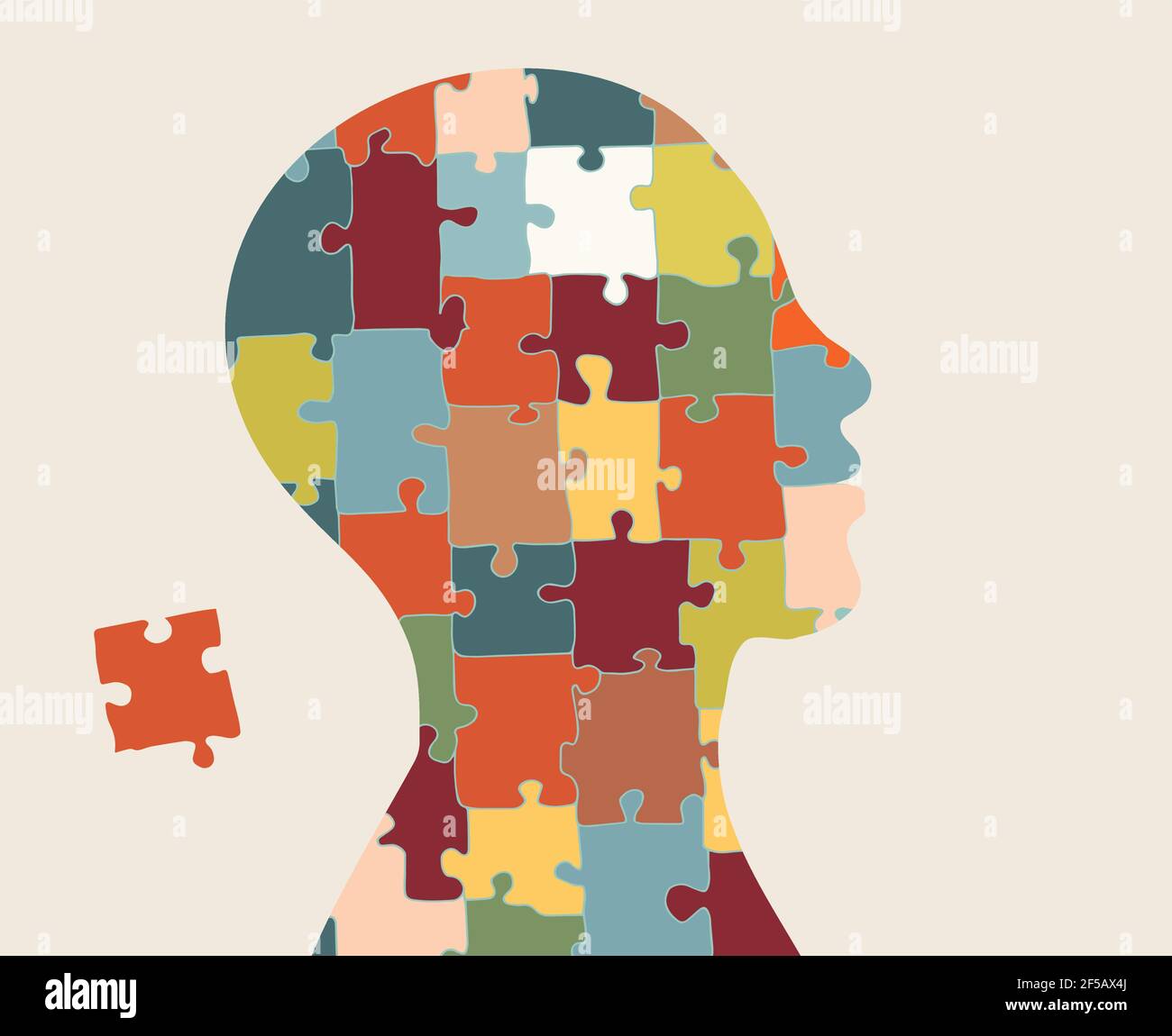 Autism syndrome concept. Jigsaw that forms human head in profile. Learning support and education. Neurological Disease. Mind and brain. Conceptual Stock Vector