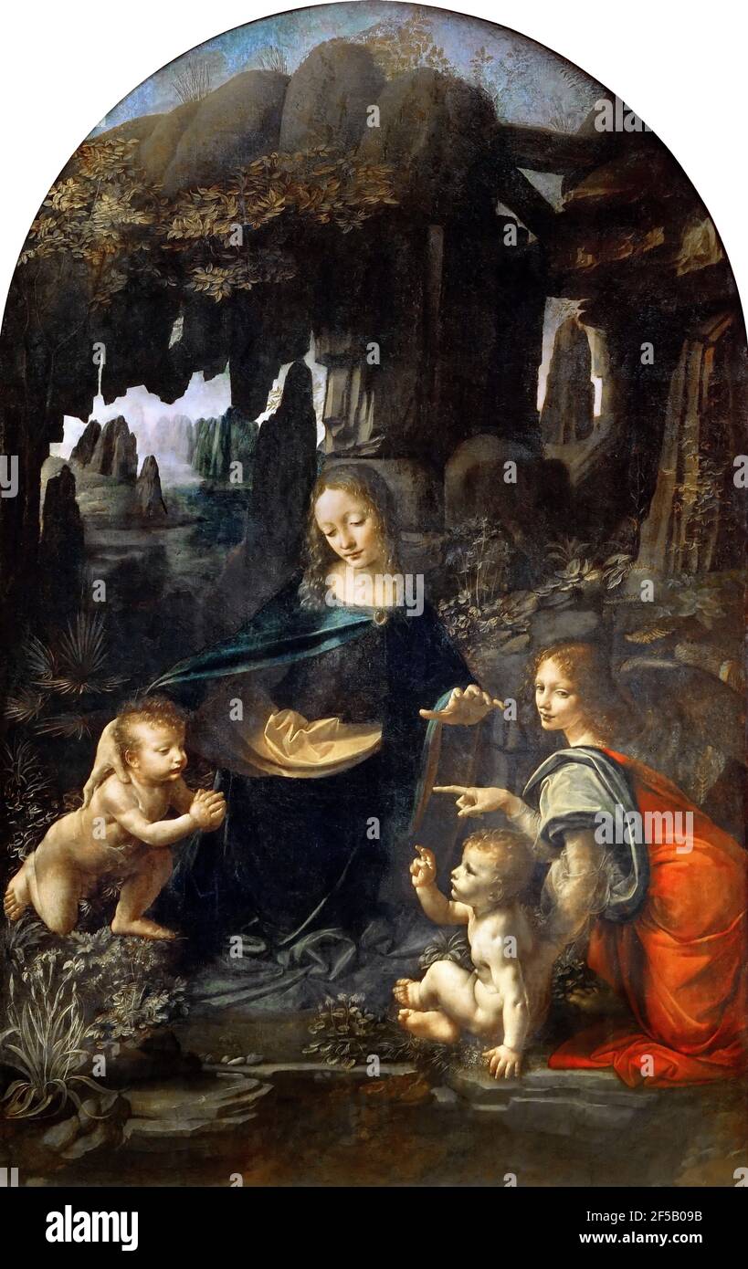 Da Vinci, The Virgin of the Rocks. The Louvre version of a painting entitled  'The Virgin of the Rocks' by Leonardo da Vinci (1452–1519),  oil on canvas (wood added to canvas in 1806), c. 1483-1486 Stock Photo