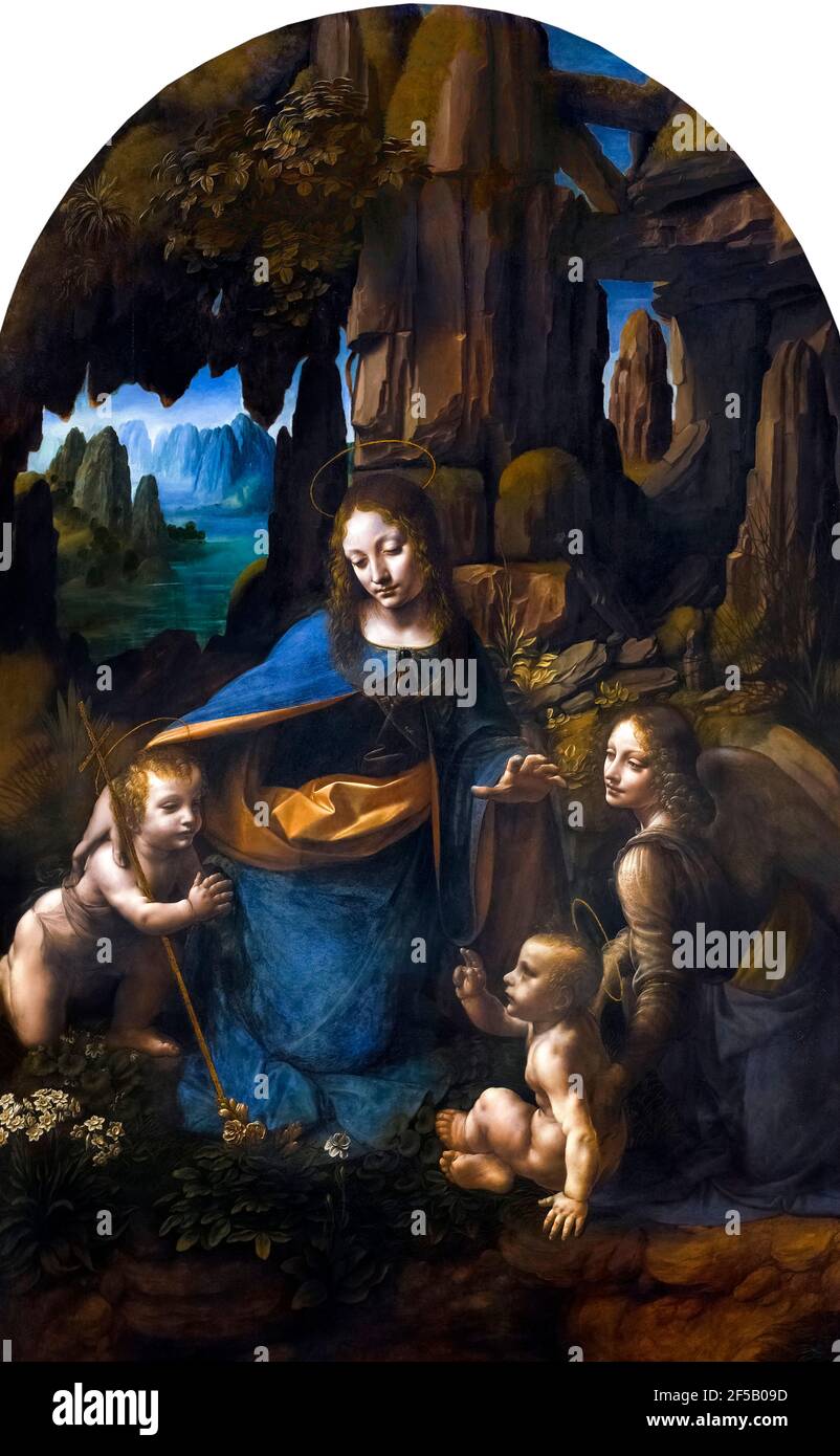 Da Vinci, The Virgin of the Rocks. The London National Gallery version of a painting entitled  'The Virgin of the Rocks' by Leonardo da Vinci (1452–1519), oil on panel, c.1491/2-9  and 1506-8 Stock Photo