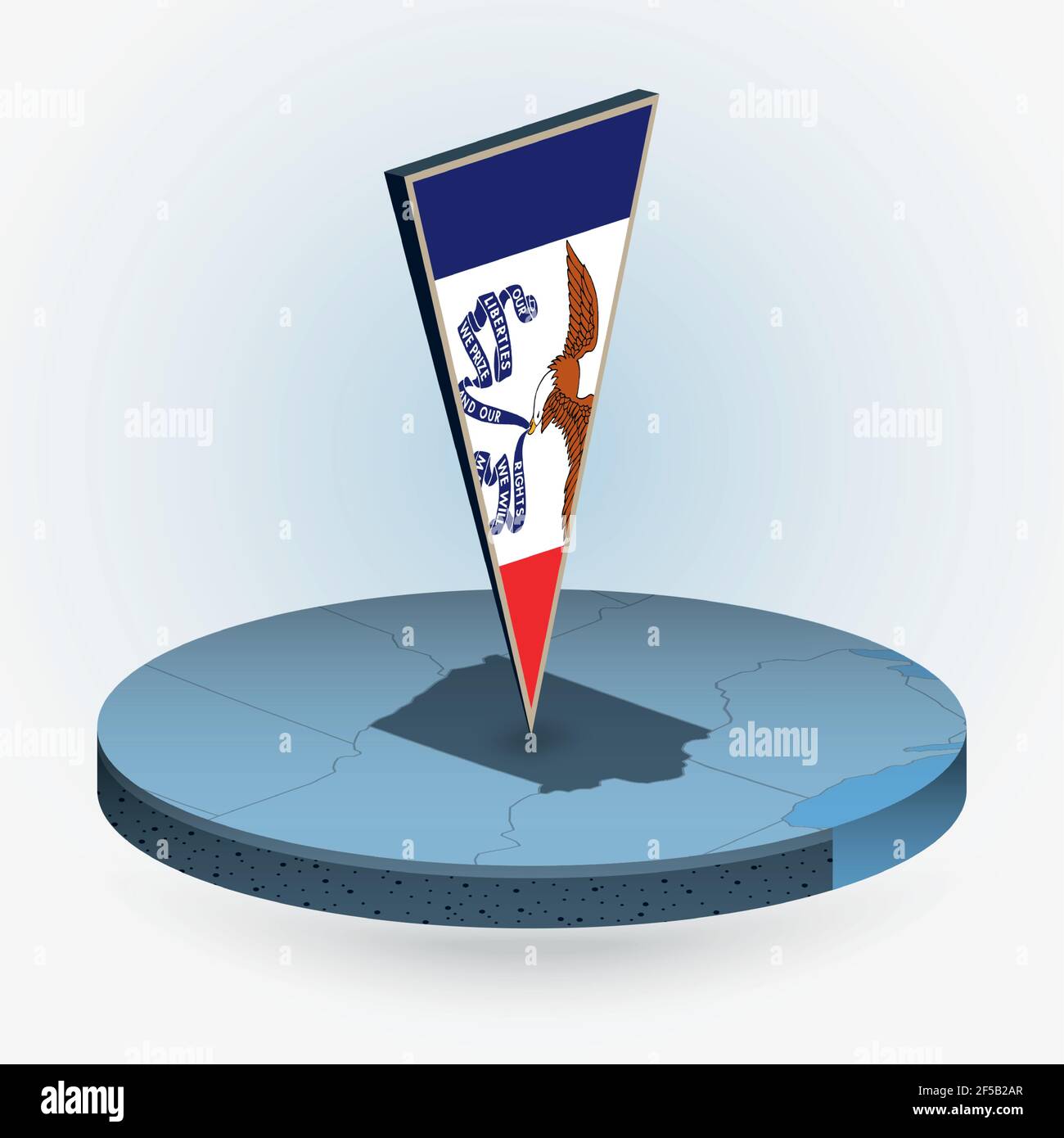 Iowa map in round isometric style with triangular 3D flag of US State ...