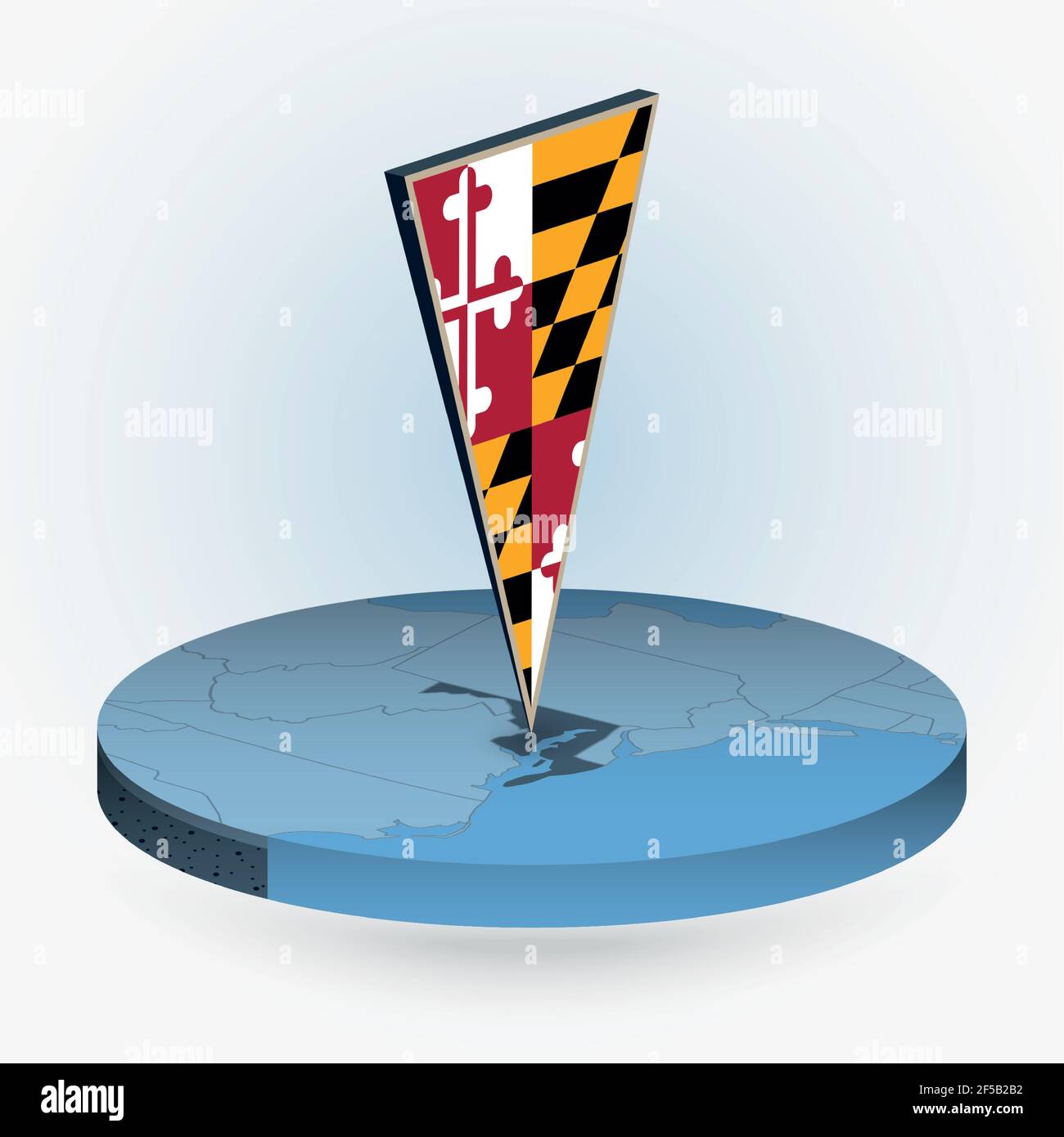 Maryland map in round isometric style with triangular 3D flag of US ...