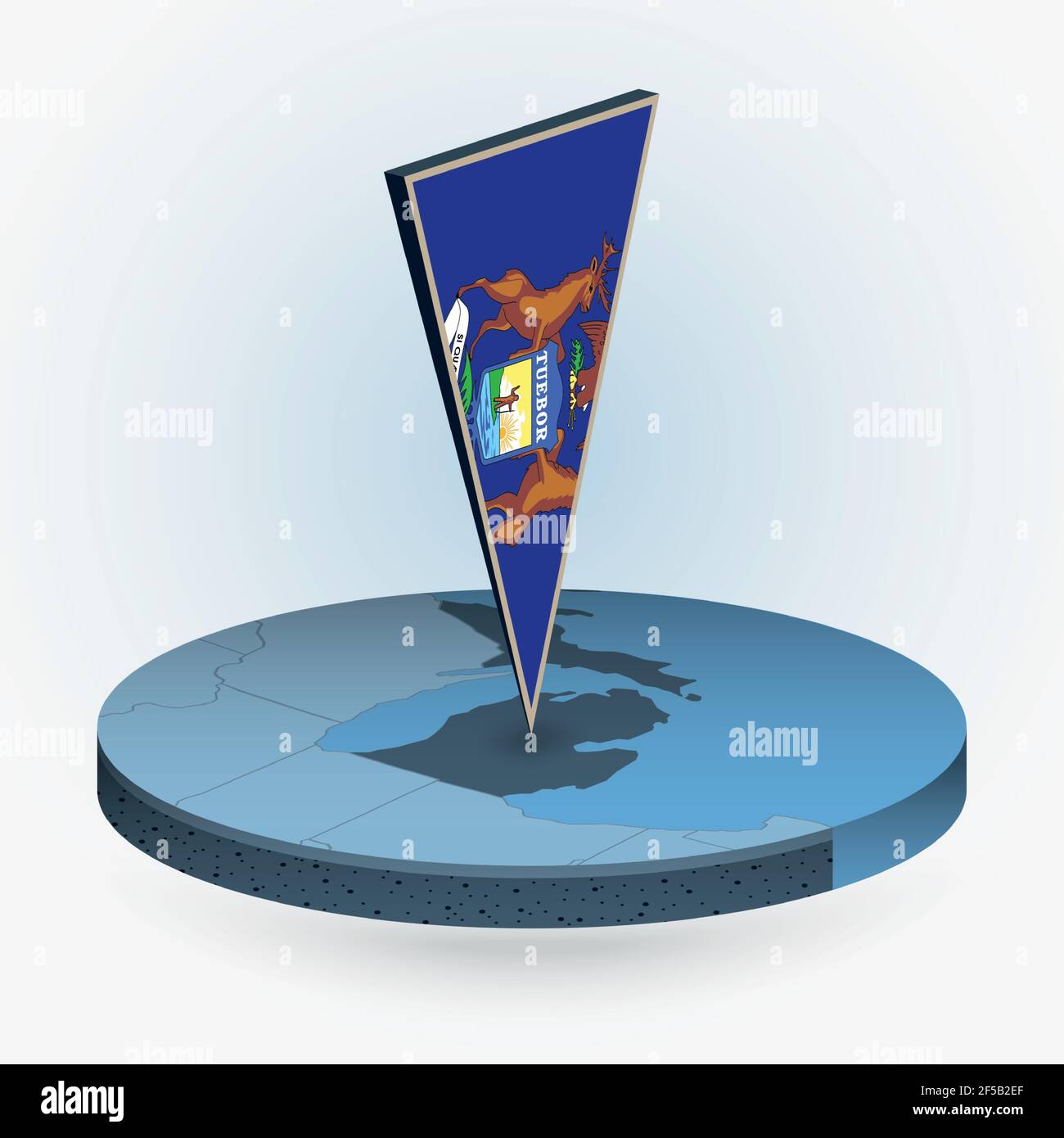 Michigan map in round isometric style with triangular 3D flag of US ...