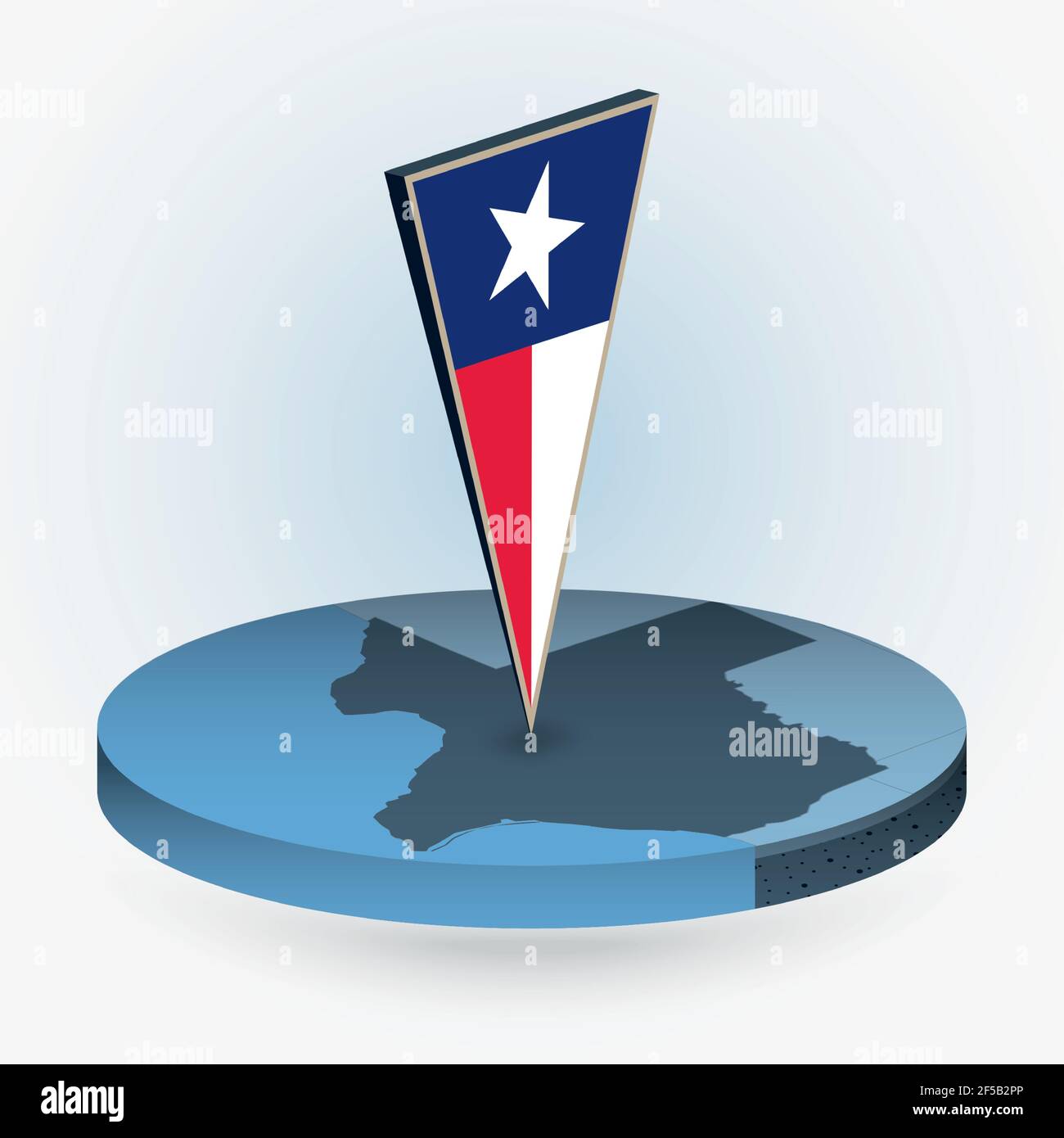Texas map in round isometric style with triangular 3D flag of US State Texas, vector map in blue color. Stock Vector