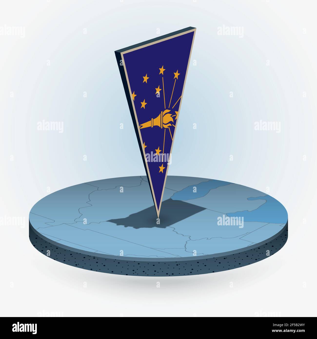 Indiana map in round isometric style with triangular 3D flag of US ...