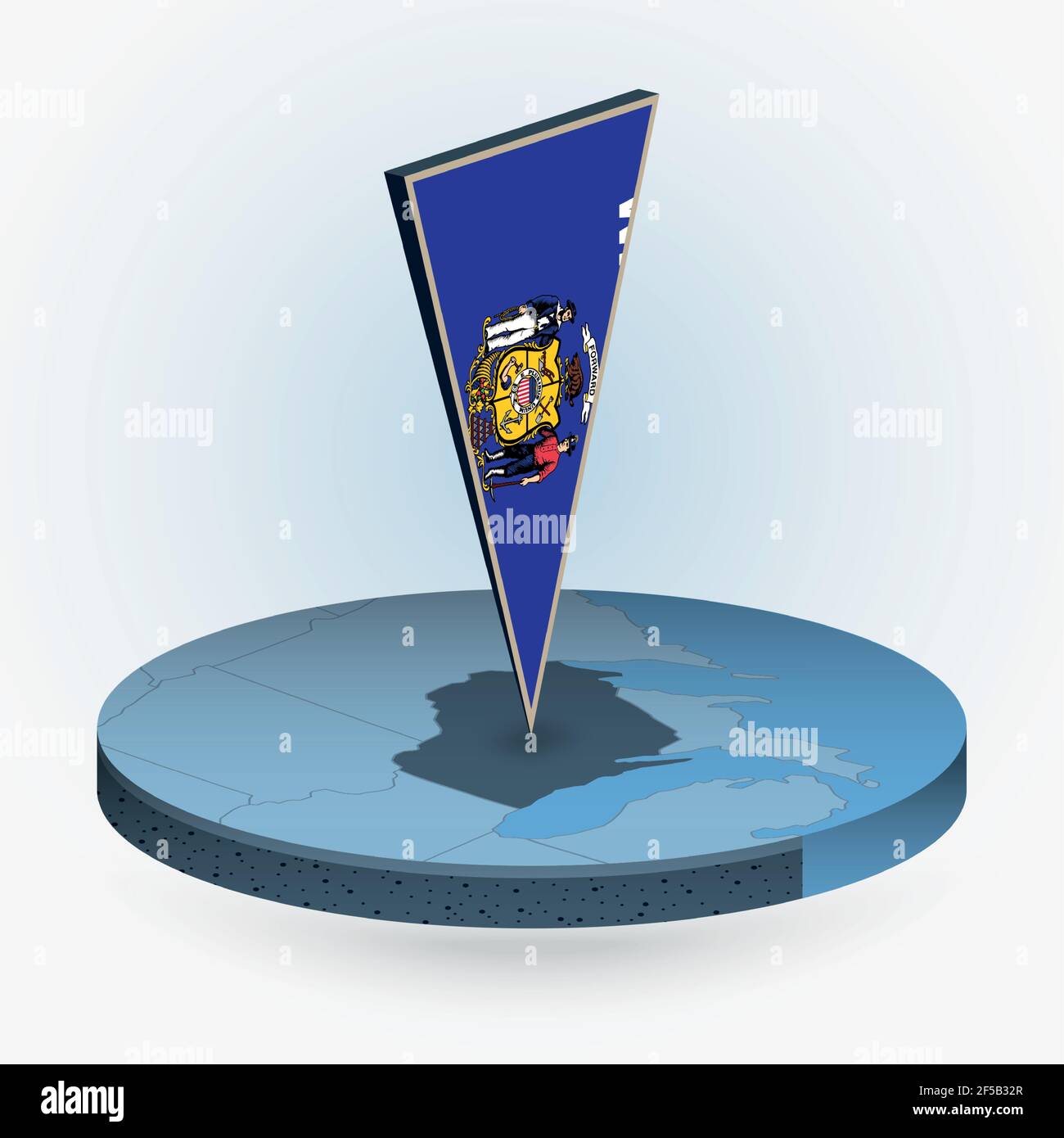Wisconsin map in round isometric style with triangular 3D flag of US ...