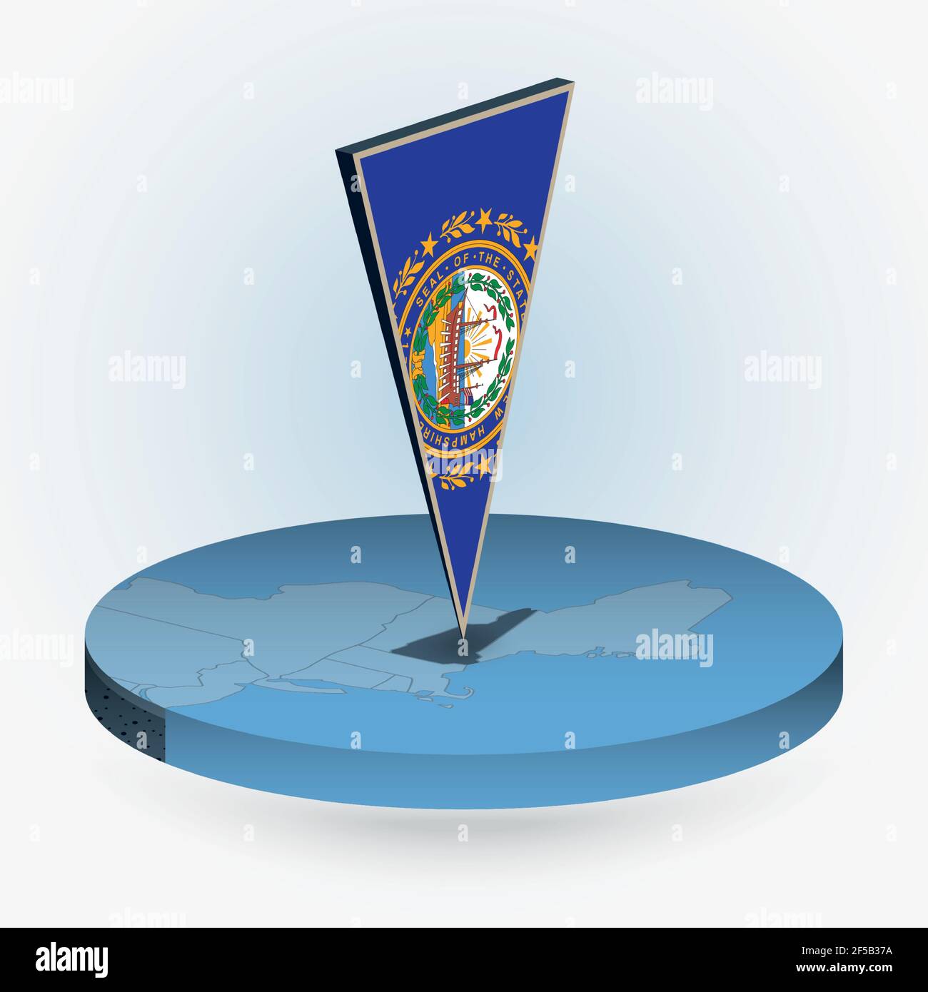 New Hampshire map in round isometric style with triangular 3D flag of ...