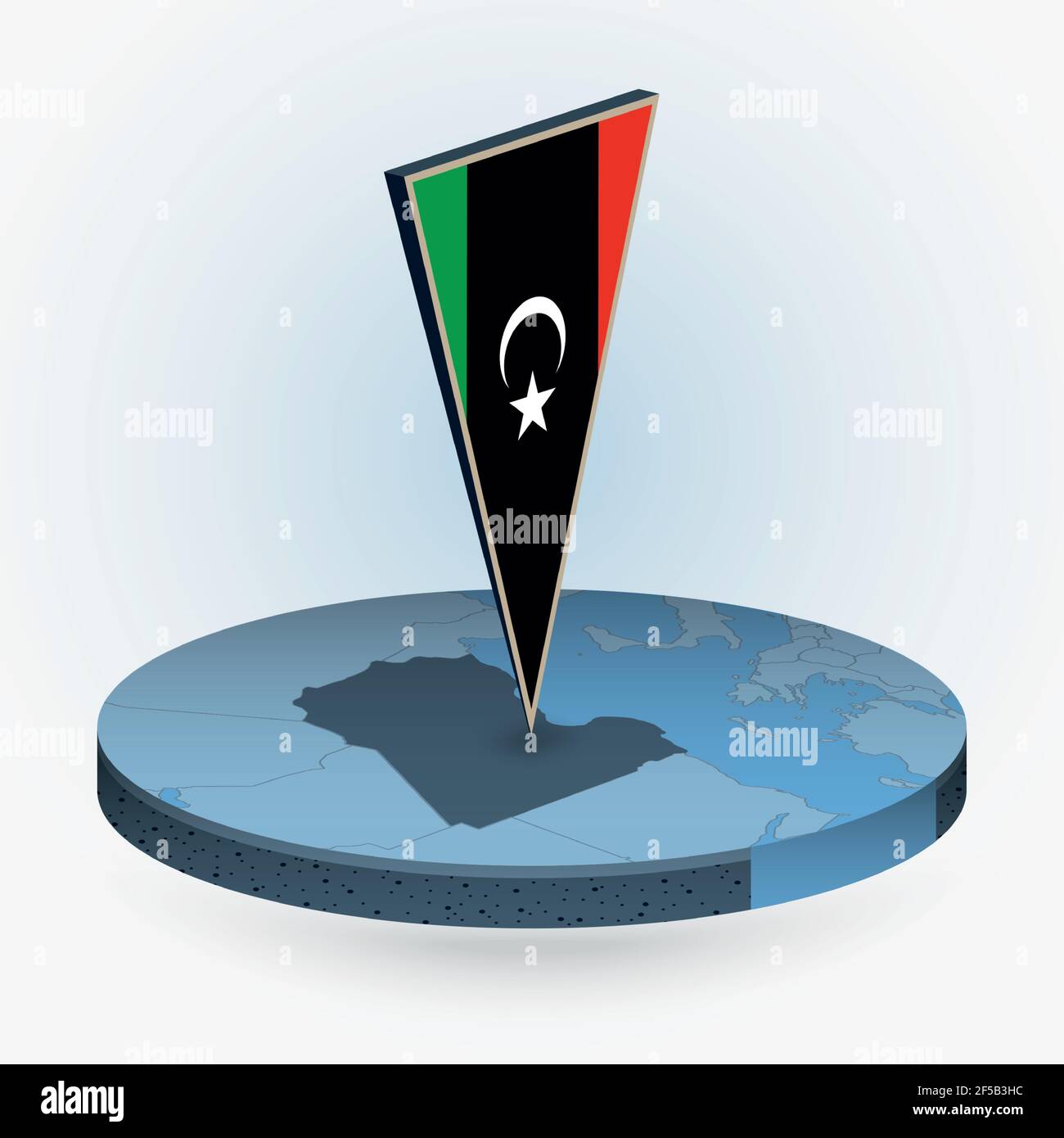 Libya map in round isometric style with triangular 3D flag of Libya, vector map in blue color. Stock Vector