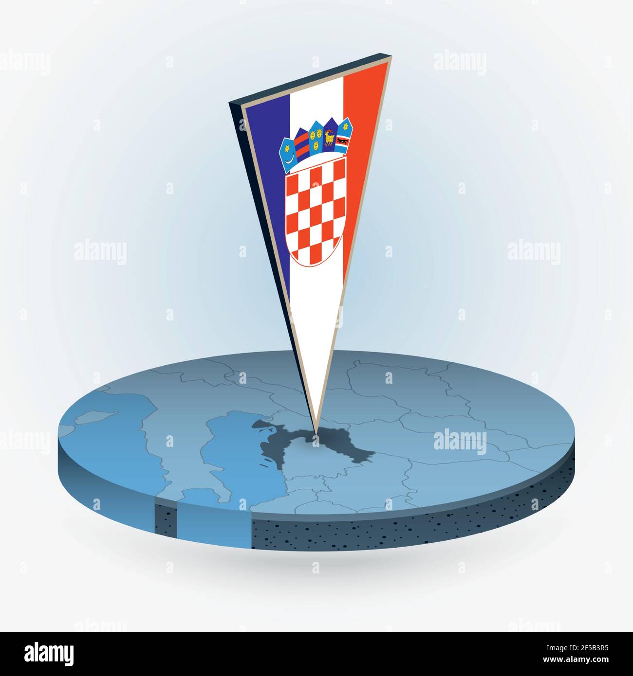 Croatia map in round isometric style with triangular 3D flag of Croatia, vector map in blue color. Stock Vector