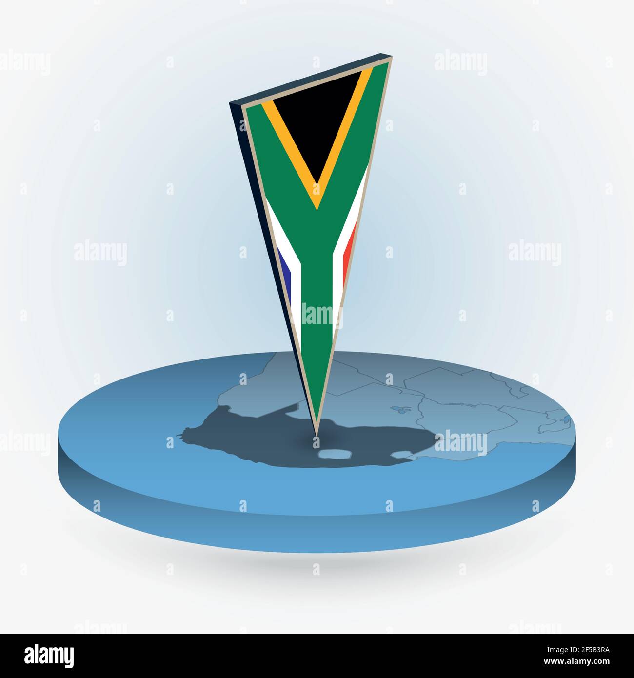 South Africa map in round isometric style with triangular 3D flag of