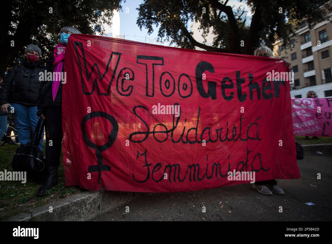 Rome, Italy. 25th Mar, 2021. The feminist and transfeminist Italian organization Non Una Di Meno held a Demonstration in Rome in support and solidarity with women in Turkey and against the decision of Turkish President, Recep Tayyip Erdogan, to pull his Country out of the Council of Europe Convention on Preventing and Combating Violence Against Women and Domestic Violence, also known as the Istanbul Convention. Stock Photo