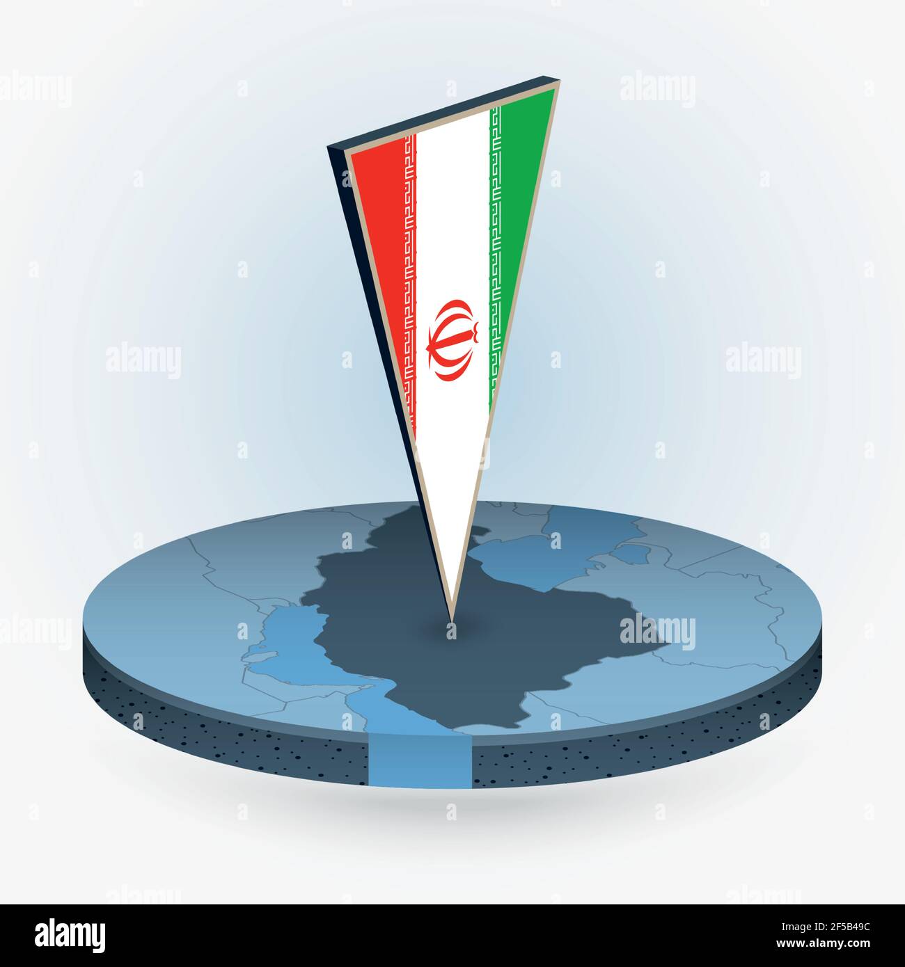 Iran map in round isometric style with triangular 3D flag of Iran, vector map in blue color. Stock Vector