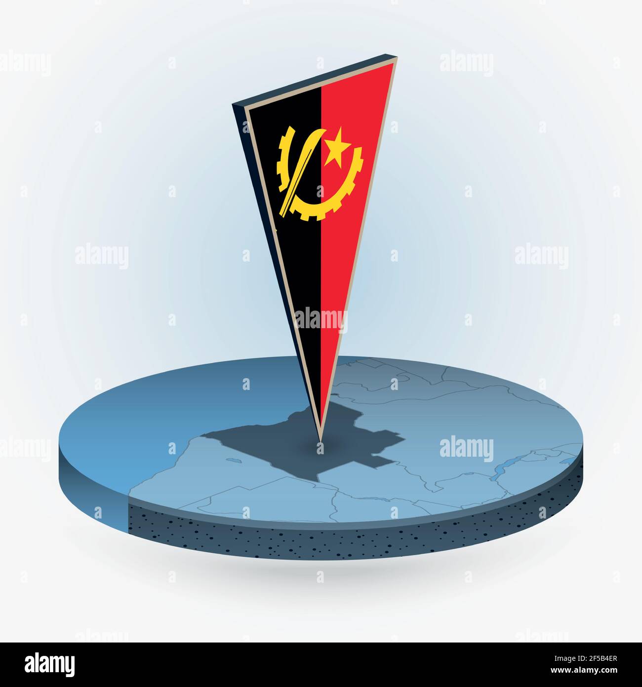 Angola map in round isometric style with triangular 3D flag of Angola ...