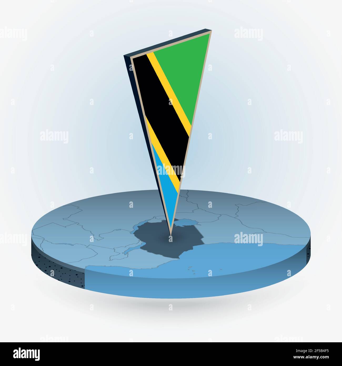 Tanzania map in round isometric style with triangular 3D flag of ...