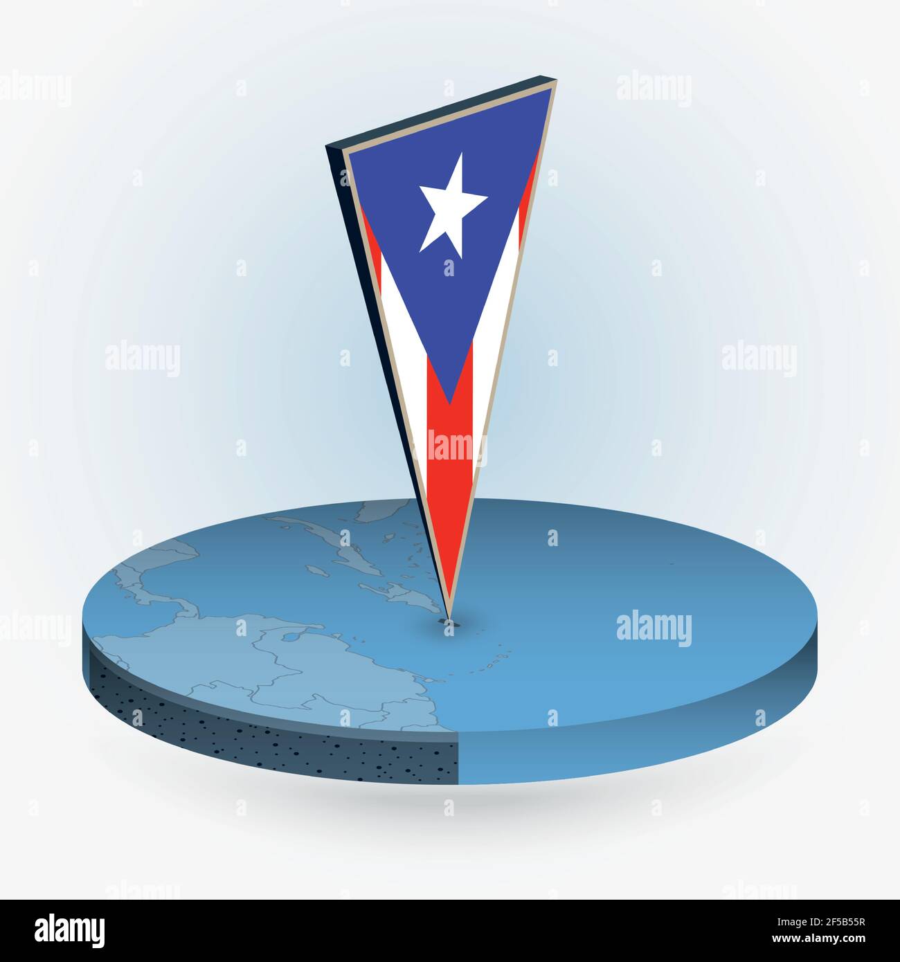 Puerto Rico map in round isometric style with triangular 3D flag of